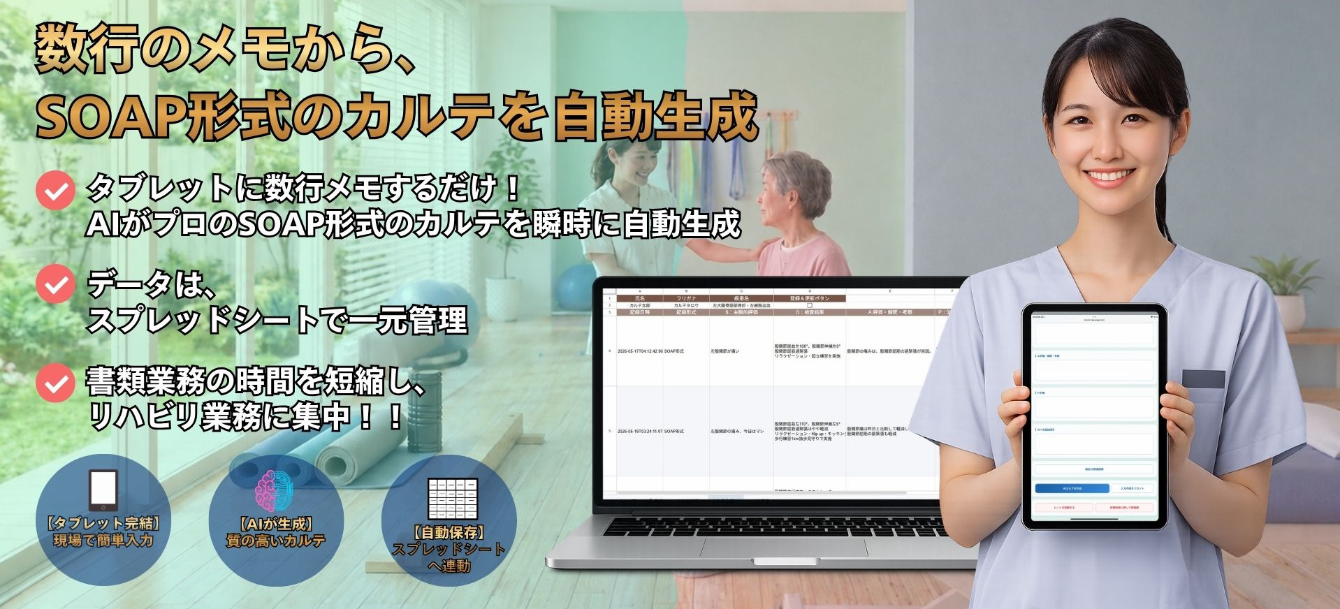 AIカルテ入力補助アプリを見せる理学療法士