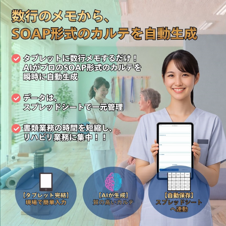 AIカルテ入力補助アプリを見せる理学療法士